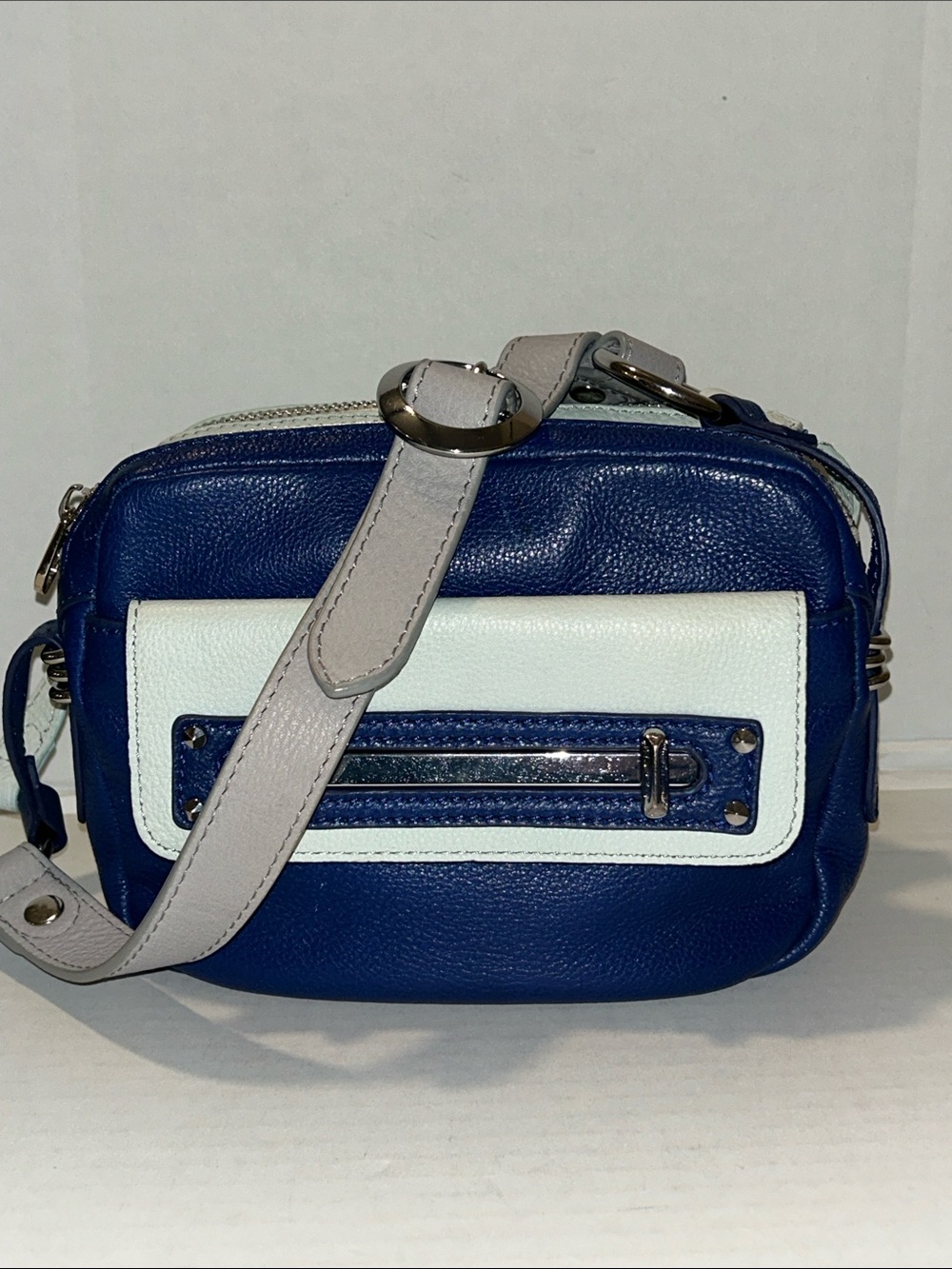 orYANY double zip crossbody leather bag blue
